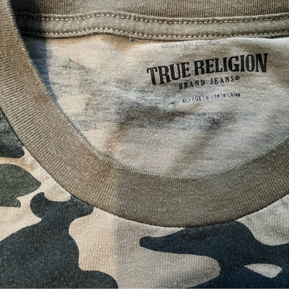 True Religion Mens Graphic Tee Camo Print White Logo Crew Neck, Sz XL